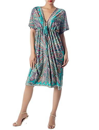 iB-iP Mujer Saco Floral Holgado V Profundo Escote Relajado Mini Vestido Túnica, Tamaño: 44, Mar Verde