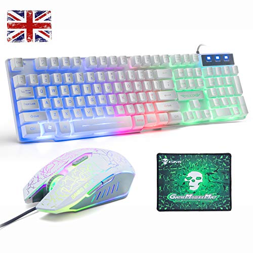 Juego de teclado y ratón para UK diseño, Lexon Tech Rainbow LED retroiluminado con teclado y combo de ratón, con sensación mecánica Gamer teclado con Ratón óptico de 6 botones+ alfombrilla de ratón