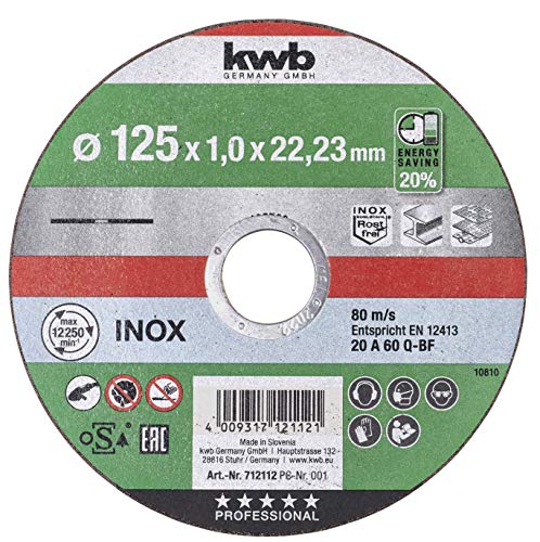 kwb 712112 - Disco de corte extrafino (velocidad de 125 mm, 125 x 1,0 mm, para amoladora angular, disco flexible adecuado para acero inoxidable y metal, orificio de 22,23 mm, 125 x 1,0)