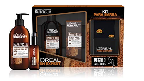 L'Oréal Men Expert Pack Cuidado de la Barba, Incluye Champú 3 en 1 para Barba, Cabello y Rostro y Aceite para Barba Larga BarberClub, Calcetines de regalo