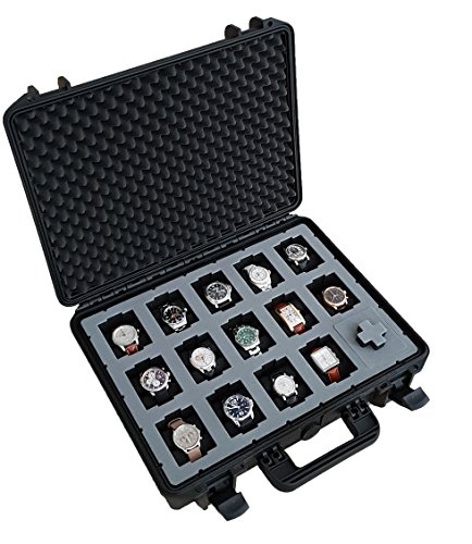 MC-CASES® - Caja para relojes con espacio para 14 piezas - Maletín de viaje impermeable y con un cierre seguro - Máxima protección - Fabricada en Alemania