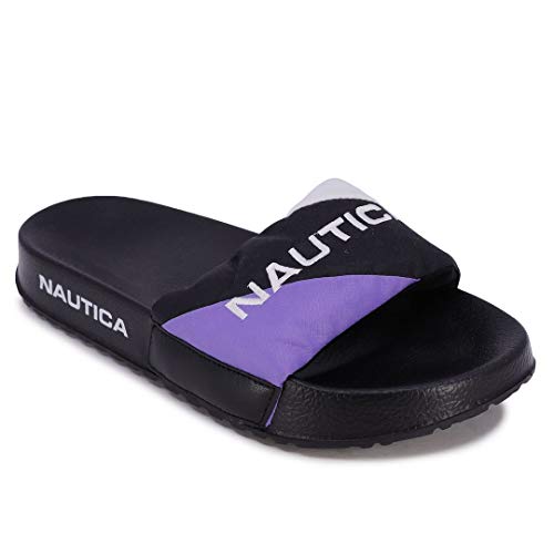 Nautica Women's Athletic Slides, Thick Fluffy Strap, Sandals, Shower Shoe, Fashion Slide-Engel-Black Purple-6