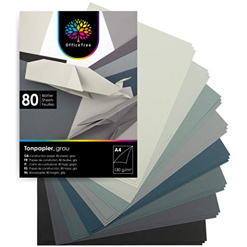 OfficeTree 80 Hojas de papel en tonos grises A4-130g/m² niños cartulina para para hacer manualidades, diseñar - 8 colores grises