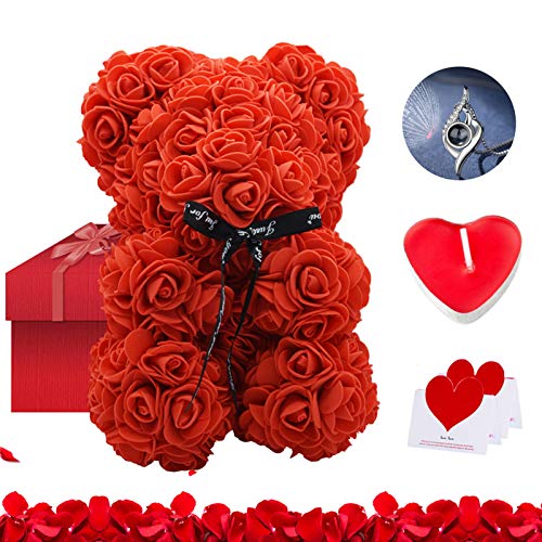 Oso de peluche rojo en caja regalo 25 cm – Vela romántica, collar con 100 idiomas, tarjeta de felicitación, enamorados, cumpleaños, mamá, regalo de vacaciones, regalo de San Valentín (rojo)