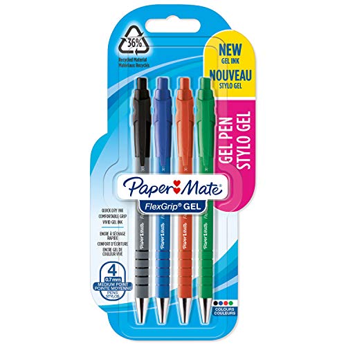 Paper Mate FlexGrip bolígrafos de gel | 0,7 mm | Tinta negra, azul, roja y verde | 4 unidades