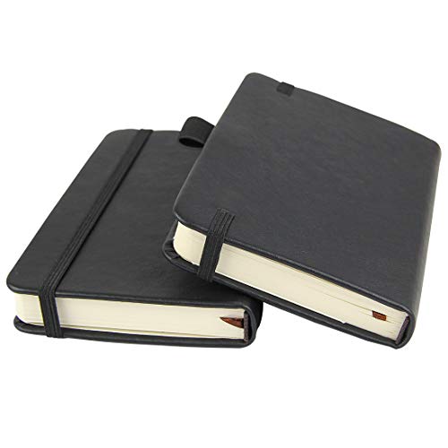 Paquete de 2 cuadernos de bolsillo 3.5" x 5.5", diario pequeño de tapa dura con soporte para bolígrafo, bolsillos interiores, papel grueso de 100 g/m² a rayas y forrado, color negro
