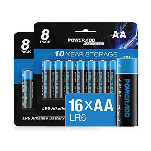 Poweradd 16 AA Pilas Alcalinas 1.5V LR6 Baterías de 10 Años Larga Duración para Multiples Equipos