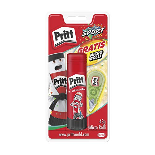Pritt Barra Adhesiva + Corrector Micro Roller, pegamento infantil y corrector blanco, accesorios para estuche escolar y oficina, 43 g (Pritt Stick) y 5mm x 6m (corrector)