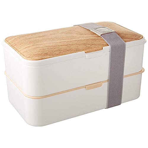 PuTwo Bento Box Fiambreras Bento Caja Bento Caja Almuerzo de 2 Niveles con Juego de Cubiertos Box Lunch a Prueba de Fugas Microondas, Congelador, Apto para lavavajillas - 1200 ml, Blanco de Bambú