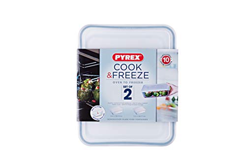 Pyrex Cook&Freeze Set 2 recipientes rectangulares con tapa, Vidrio borosilicato extra resistente, 1,5L + 2,6L, Apto para horno