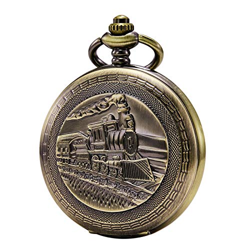 Reloj de bolsillo Treeweto con cadena para hombre, analógico, cuerda manual, diseño de flores de vapor, vetas de madera, bisagra doble, bronce