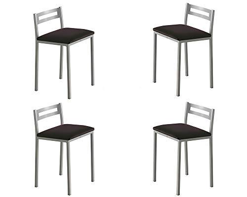 Set 4 taburetes de Cocina - Modelo MOLI - Color Plata/Negro - Material Metal/Ecopiel - Medidas 34 x 34 x 65 cm