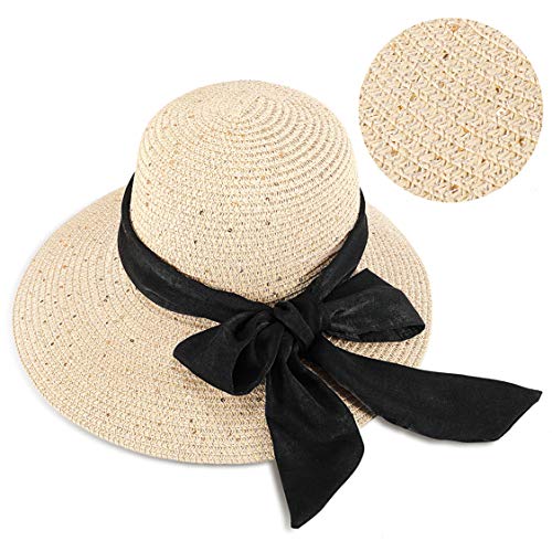 Sombrero de Verano Sol Mujer, Sombrero de Paja Plegable with con ala Ancha, Sombrero Elegante Mujer Verano Proteccion con Cinta para Playa y Vacaciones