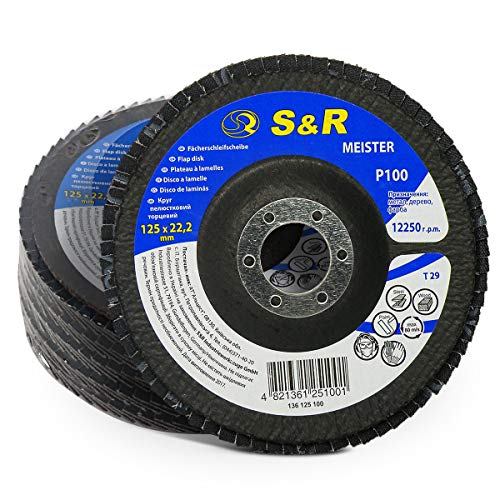 S&R Disco de Láminas Abrasiva 125 m x 22,23 para Acero y Madera, tamaño grano 100, 29 Dientes. Set 5 discos para amoladora angular.