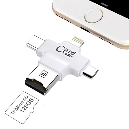 Tempo Micro SD Card Reader, 4 in 1 TF Card Reader with Lightning/USB/Micro USB/Type-C Connector for iPhone/iPad/Android/PC/Mac White
