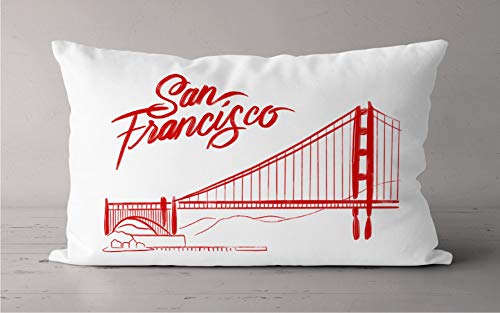 Toll2452 Almohada de puente de San Francisco Golden Gate rojo y blanco, funda de almohada roja y dorada Puente de puerta dibujada a mano puente de puerta dorada de viaje funda de almohada de viaje