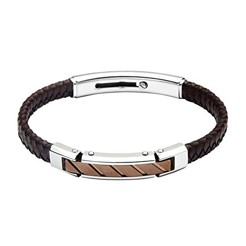 Una pulsera de cuero negro de línea fina, con 2 características de acero inoxidable, una simple y la otra con bisagras y desaplausos en oro rosa.