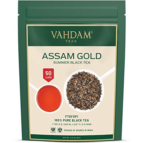 VAHDAM, Assam Gold Second Flush, 100 gramos (50 tazas) | RICO & DE MALTA ASSAM TEA Hojas sueltas | Hojas sueltas de té negro 100% puro no reforzado | Hojas de té negro con puntas doradas.