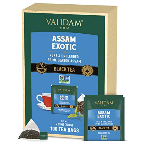 VAHDAM, Té Negro Assam (100 Bolsitas de Té) – Bolsas de Té Negro de Hoja Larga – RICO Y MALTEADO – Hojas Sueltas de Té Assam 100% Puro y Sin Mezclar en Bolsitas Piramidales
