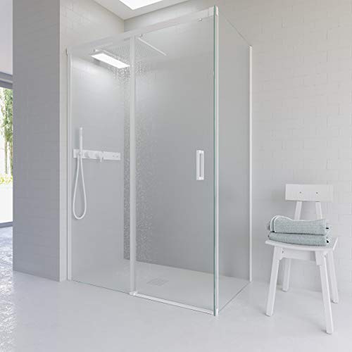 VAROBATH Mampara de ducha rectangular BASIC Blanco angular 2 fijos-1 puerta corredera. Sin perfil inferior. Con tratamiento ANTICAL. Calidad PREMIUM. 111-120 x 68-80. Blanco.