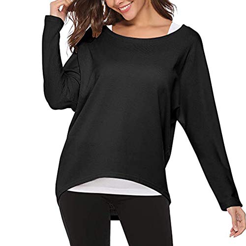VisSec Blusa suelta de manga larga para mujer, asimétrica, sudadera, blusa, blusa, parte superior informal negro XXL