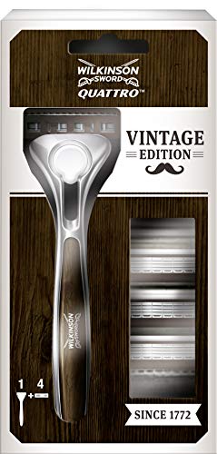 Wilkinson Sword Quattro Vintage Edition - Pack de Maquinilla de Afeitar de 4 Hojas para Hombre + 4 Recambios de Cuchillas, Diseño Especial Afeitado Clásico