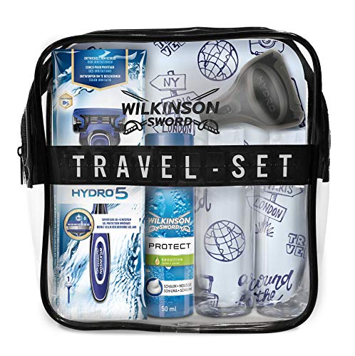 Wilkinson Sword Set de Viaje con Máquina de Afeitar Recargable de 5 Hojas + Protector de Viaje + Espuma de Afeitado Protect 50 Ml + 2X Botes Rellenables 100 Ml + Neceser de Viaje