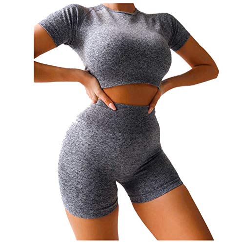 YANFANG Moda para Mujer Sexy Sólido Chaleco de Yoga Deportes Conjunto de Fitness Tops elásticos + Pantalones,Gray,S