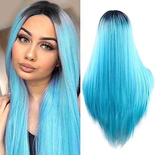 YMHPRIDE Ombre peluca recta azul moda negro raíz azul sintético señora pelucas de mujer 22 pulgadas (55,9 cm)