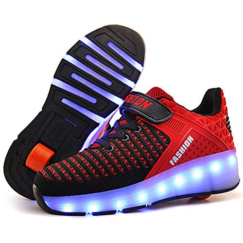 Zapatillas con Ruedas para Niños 7 Colores LED Luz Luminosas Zapatos Doble Rueda Patines Calzado Deportivo al Aire Libre Niño y Niña Gimnasia Zapatos de Skateboard con USB Carga