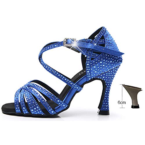 Zapatos de Baile Latino Profesionales para Mujer con Purpurina Brillante y tacón 6CM / 7.5CM / 9CM para salón de Baile Moderno Rosa Chacha Jazz Peep Toe Sandalias Zapatos EU34-42, BlueHeel6c
