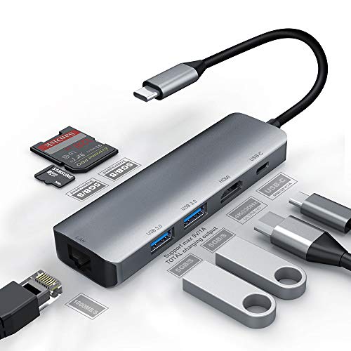 Adaptador USB C Hub Gigabit Ethernet, Adaptador 7 en 1 de Aluminio Tipo C con HDMI 4K a 30Hz, Base USB C con Suministro de energía de 60W, 2 Puertos USB 3.0 y Lector de Tarjetas SD/microSD