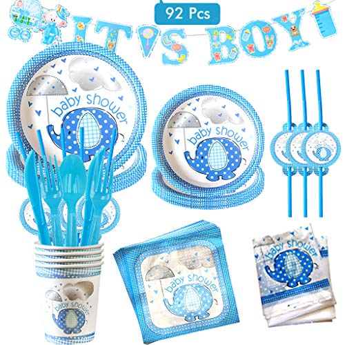 Amycute 92 piezas Baby Shower Joven Kit, It's A Boy Pancarta Platos de papel, Mantel, Vasos, Servilletas, Vajilla para Baby Shower Niños