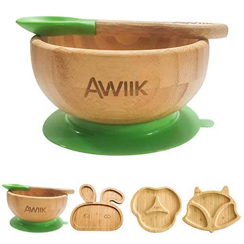 AWIIK – Bol pequeño de Bamboo con fuerte Ventosa para Bebes y niños pequeños. Cuenco BLW de bambú antideslizante con succión y ventosa antivuelco para aprender a comer BLW. (Bowl)