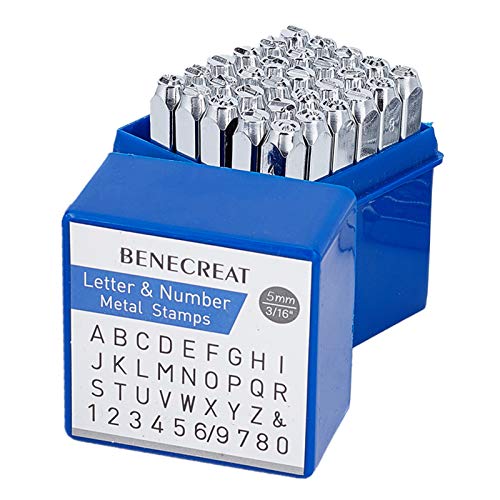 BENECREAT 36 Pack(5 mm 3/16") Sellos de Letras y números Herramientas Estampadas de Metal Perforado - Material de Acero de Carbono Duro Galvanizado para Perforación Metal, Joyería, Cuero