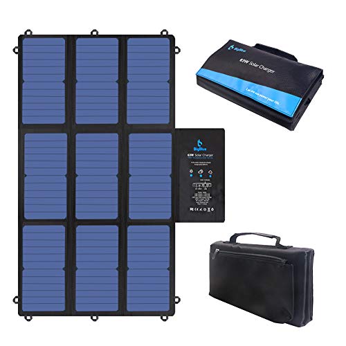 BigBlue 63W Cargador Solar Plegable, SunPower Panel Solar Portátil (2 * 5V USB+19V DC Salida+ USB-C Puerto) para Ordenador Portátil, Generador Portátil, 12V RV Batería