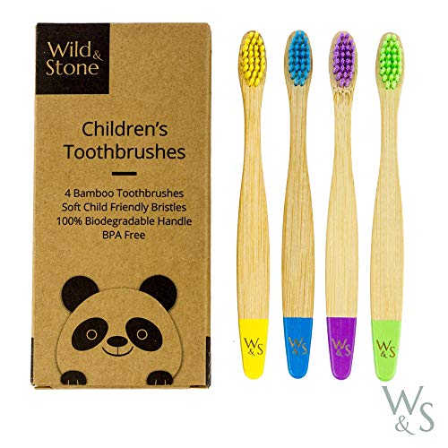 Cepillo de dientes de bambú orgánico para niños | Cuatro colores | Cerdas firmes de fibra de carbono | Mango 100% biodegradable | Cepillos de dientes veganos orgánicos | de Wild & Stone