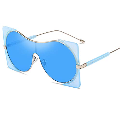 COCKE Gafas De Sol para Mujer Gafas De Sol De Una Pieza con Montura Grande Gafas De Sol Retro con Montura Redonda Gafas De Sol con Montura Metálica Ultraligera,Azul