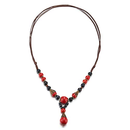 COOLSTEELANDBEYOND Y-Forma Statement Collar Negro Rojo Piedras Perla Enlace Encantado con Colgantes Colgante, Tribal Etnico Arte Popular