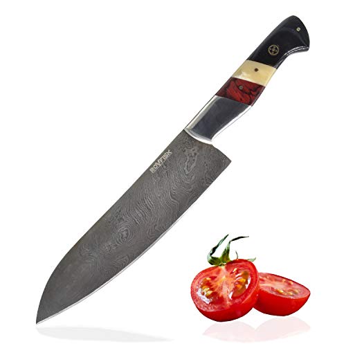 Cuchillo de cocina ROVFISK Cuchillo de cocinero de 34cm de acero damasquino al carbono hecho a mano y con mango ergonómico que incluye chaira