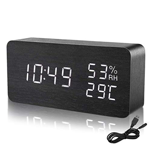 Despertador Digital Moderno de Madera, LED Reloj Alarma Electrónico 3 Niveles Brillo Ajustable Viene con Cable USB Muestra Humedad y Temperatura(C/F) para Escritorio, Habitación, Estudio (Negro)
