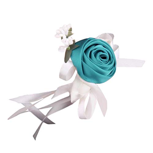 F-blue Pulsera Floral de la Flor de la Boda de la muñeca Nupcial de la Flor Artificial de la muñeca de la Mano de Novia Dama de Honor Falso Ramillete, Azul Verde