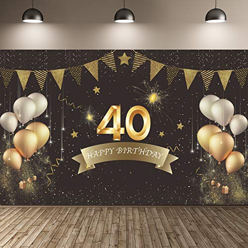 Feliz 40 cumpleaños Fiesta telón de Fondo Banner Suministros de decoración, Tela Negro y Dorado Cartel de Cartel para Feliz 40 cumpleaños Fiesta fotomatón telón de Fondo Banner