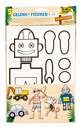 Folia 23319 - Figuras articuladas del país de Aventura, Figuras de cartón con contornos preimpresos y Pinzas articuladas, para Pintar y diseñar, 5 Unidades, Pirata, Mono, Robot, Excavadora y Coche