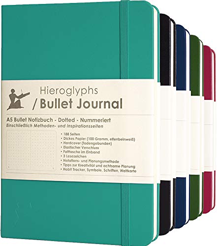 Hieroglyphs Bullet Journal - cuaderno punteado (A5) - con instrucciones en alemán - páginas numeradas - tapa dura con bolsillo, 3 marcadores y banda de cierre elástico (Azul claro)
