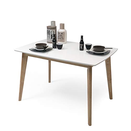 Homely - Mesa de Comedor-Cocina Extensible de diseño nórdico MELAKA sobre Lacado Blanco de 120/160x80 cm y Patas de Madera de Roble