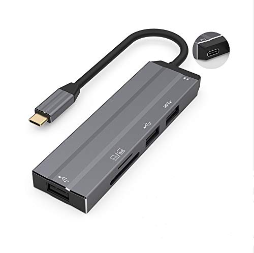 Hub USB C Adaptador 6 en 1 Tipo C de aleación de aluminio, 3 USB 3.0, PD, SD y TF, Windows, MAC, Phone y PC