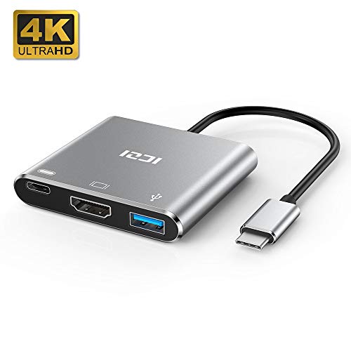 ICZI Adaptador USB Tipo C a HDMI de Aluminio, Adaptador USB C Thunderbolt 3 a HDMI 4K Dex Station USB 3.0 USB-C Power Delivery para Huawei Mate 10 Samsung S10 Macbook Pro, iPad Pro 2018, Gris