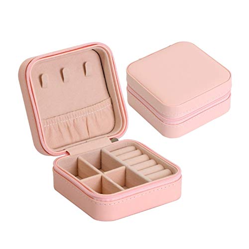 JINSUO Joyero organizador de aretes, anillos, con cremallera, caja de almacenamiento para joyas, caja de viaje, 100 x 100 x 50 mm, color beige, negro, rosa y rojo (color: rosa)