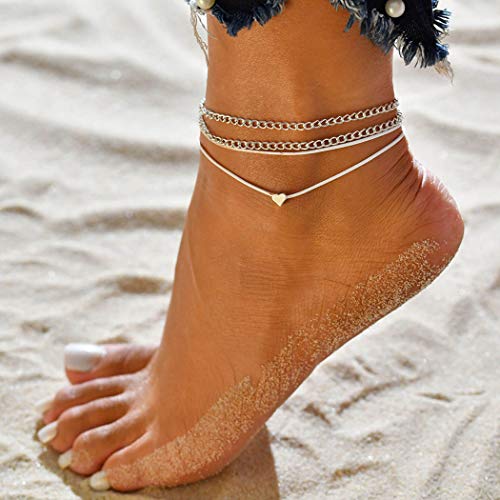 Jovono plata Boho Tobilleras Pulseras de tobillo de corazón de múltiples capas Joyas de moda con pie de playa y corazón para mujeres y niñas